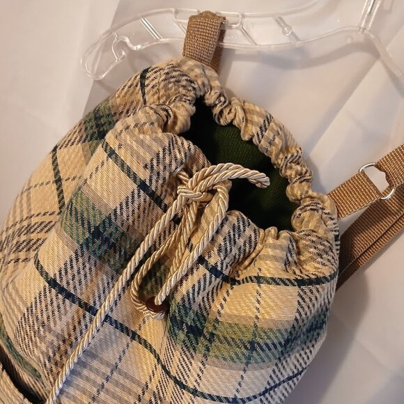 New Plaid Retro Tote Double handle Bucket Backpack Tote Bag Ivory Green School - Picture 7 of 11